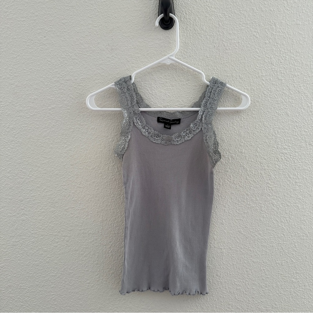 French Laundry Blue Grey Ribbed Lace Trim Lettuce Hem Tank Top Small Y2K
